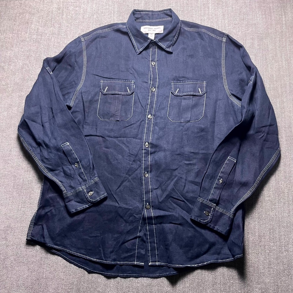 Michael Kors Mens XL Blue Contrast Stitching Long Sleeve Button Up Work Shirt